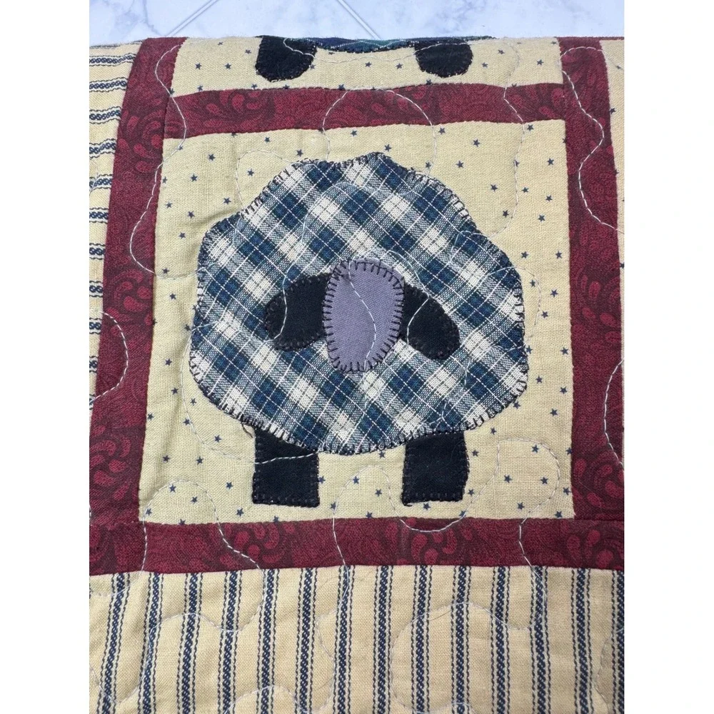 Handmade Primitive Country Sheep Quilted Wall Hanging Blue Plaid Farmhouse Decor